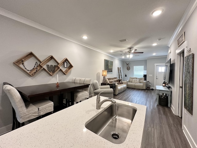 kitchen with ornamental molding, dark hardwood / wood-style floors, light stone countertops, and sink