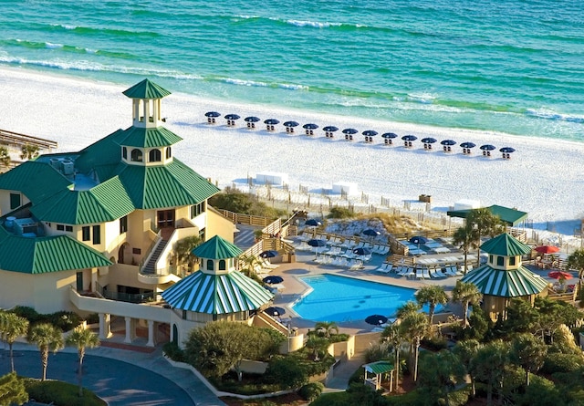 aerial view featuring a beach view and a water view