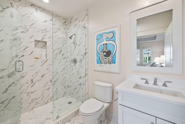 full bathroom with a marble finish shower, toilet, recessed lighting, marble finish floor, and vanity