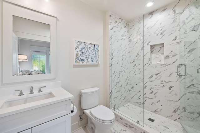 full bath featuring vanity, a shower stall, toilet, and recessed lighting