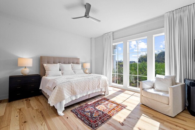 bedroom with ceiling fan and light wood-style floors