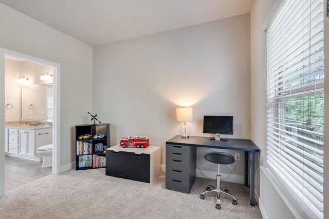 home office with light colored carpet