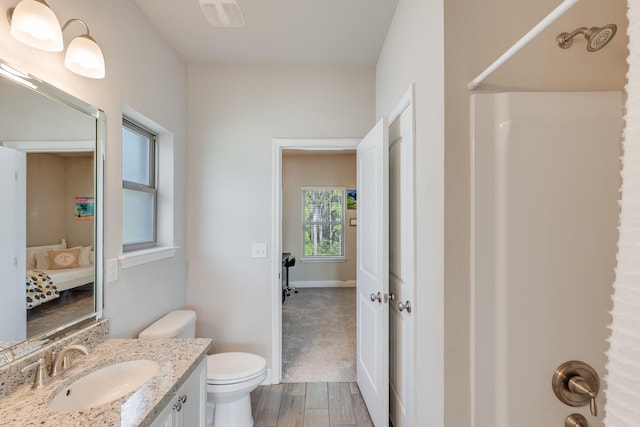 bathroom with a shower, vanity, and toilet