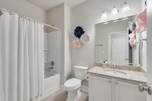 full bathroom featuring hardwood / wood-style flooring, vanity, toilet, and shower / bathtub combination with curtain