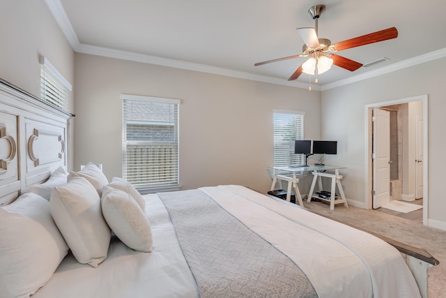 carpeted bedroom featuring ceiling fan, ornamental molding, ensuite bathroom, and multiple windows