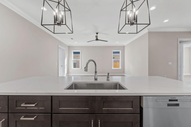 kitchen featuring dishwasher, ceiling fan, crown molding, and sink