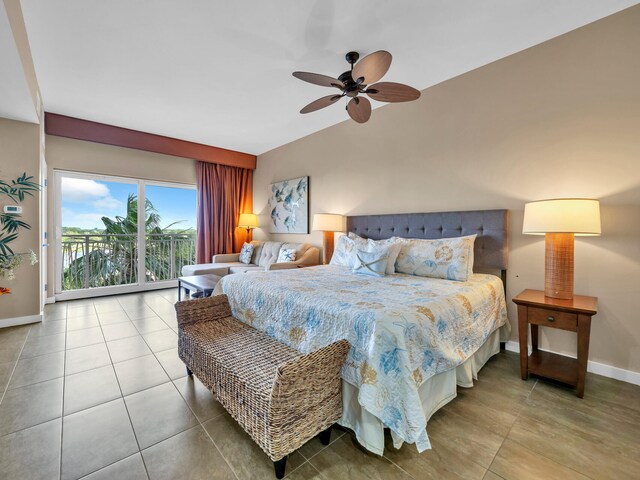 bedroom featuring tile patterned flooring, access to exterior, and ceiling fan