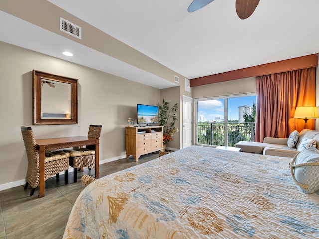 bedroom featuring access to outside and ceiling fan