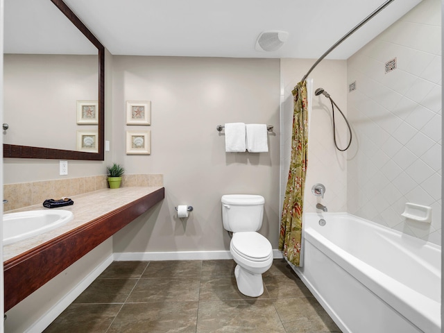 full bathroom with sink, shower / tub combo with curtain, tile patterned floors, and toilet