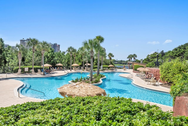 view of swimming pool with a patio area