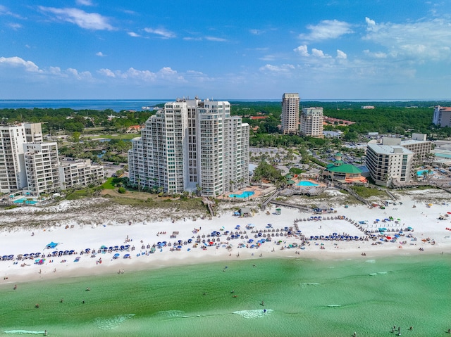 bird's eye view with a view of the beach and a water view