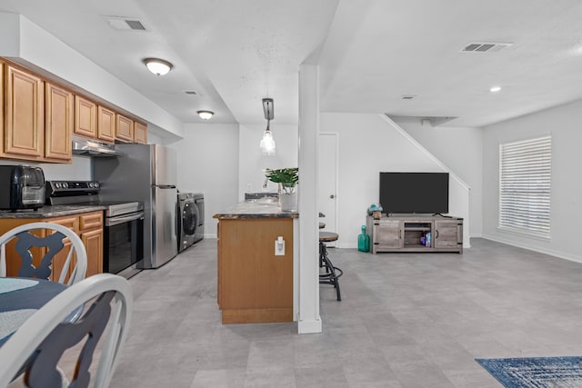 kitchen featuring hanging light fixtures and stainless steel range with electric cooktop