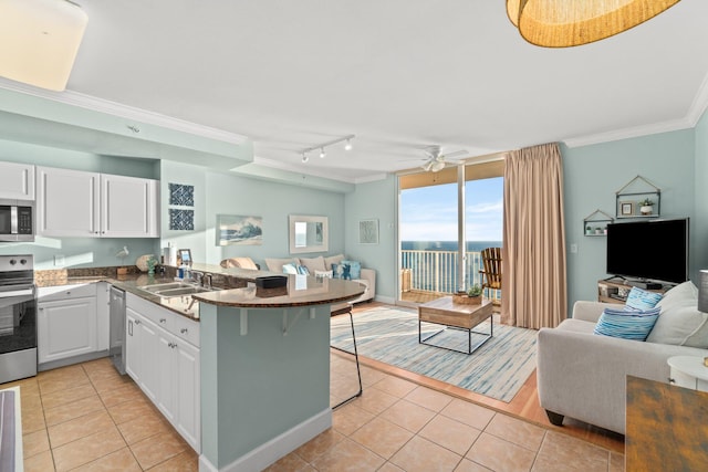 kitchen featuring kitchen peninsula, track lighting, ornamental molding, white cabinets, and appliances with stainless steel finishes