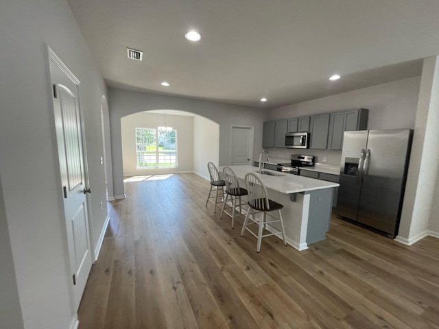 kitchen with a center island with sink, sink, gray cabinets, light wood-type flooring, and appliances with stainless steel finishes