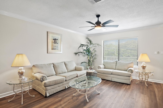 living room with a textured ceiling, dark hardwood / wood-style floors, ceiling fan, and crown molding