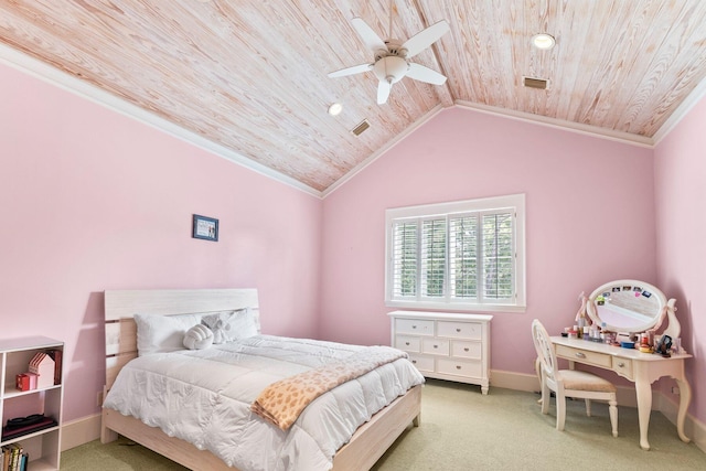 carpeted bedroom with lofted ceiling, wooden ceiling, and baseboards