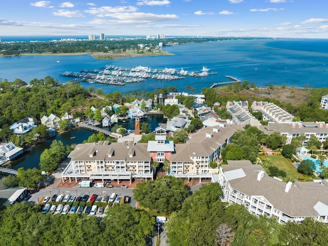 drone / aerial view with a water view