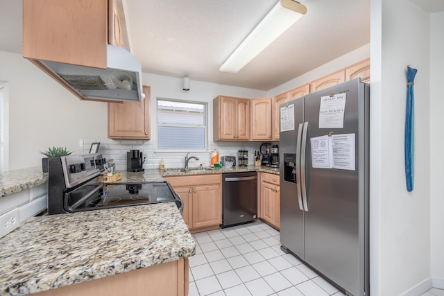 kitchen with backsplash, stainless steel appliances, light stone countertops, island exhaust hood, and light brown cabinetry