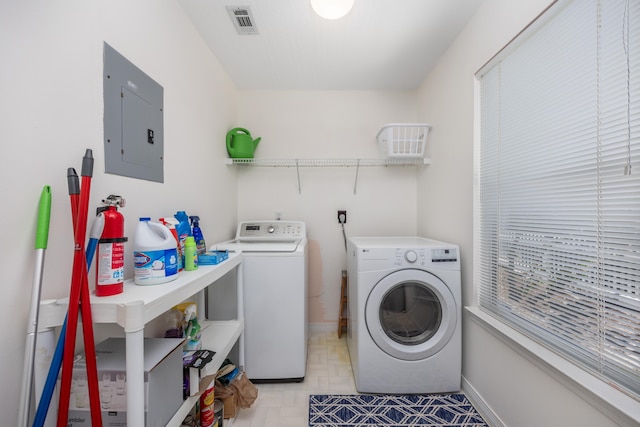 laundry area with separate washer and dryer and electric panel