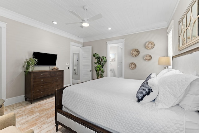 bedroom with ensuite bathroom, ceiling fan, light hardwood / wood-style floors, crown molding, and wooden ceiling