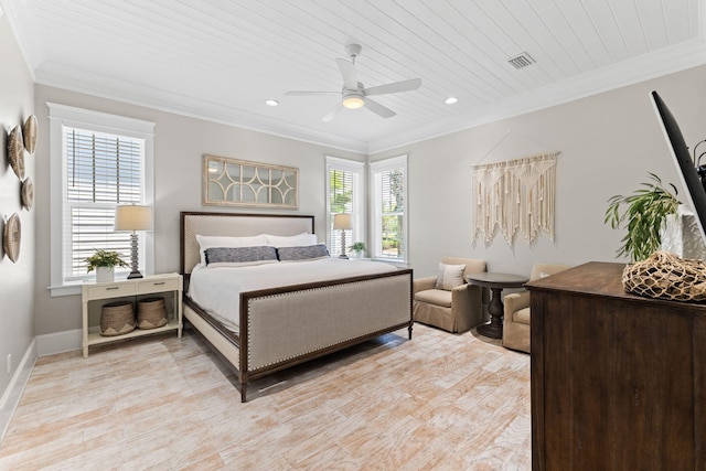 bedroom featuring wood ceiling, ornamental molding, ceiling fan, and light wood-type flooring