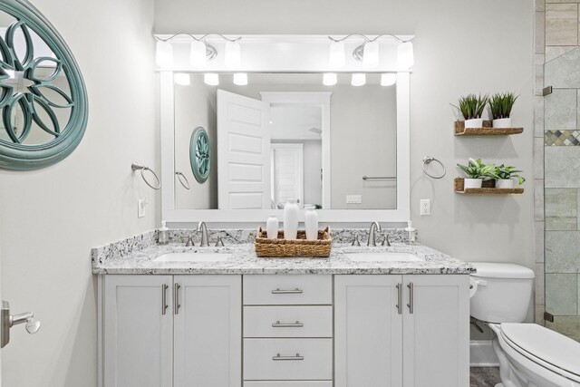 bathroom with vanity, a shower with shower door, and toilet