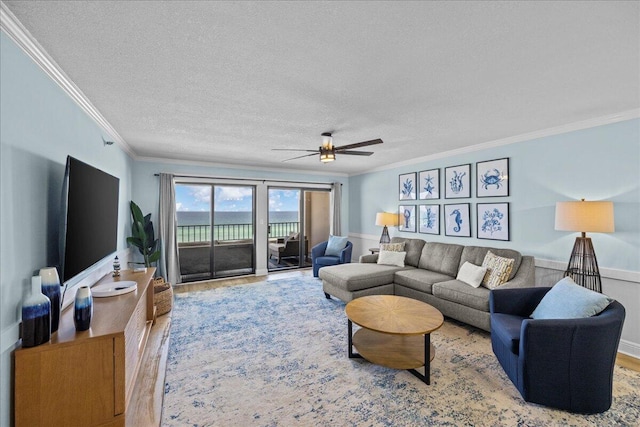 living room featuring ceiling fan, wood-type flooring, ornamental molding, and a textured ceiling