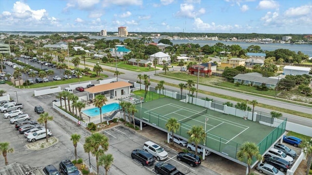 birds eye view of property featuring a water view