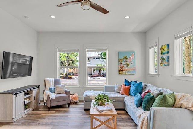 living room with ceiling fan and hardwood / wood-style floors