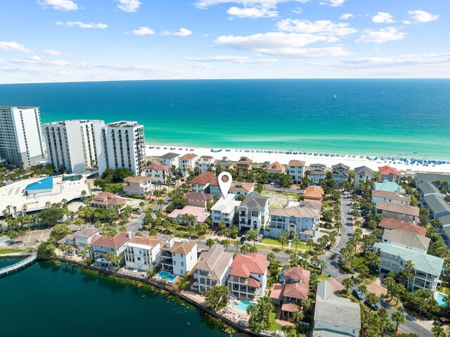 bird's eye view with a water view