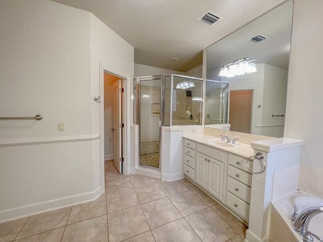 bathroom with tile patterned flooring, vanity, lofted ceiling, and independent shower and bath