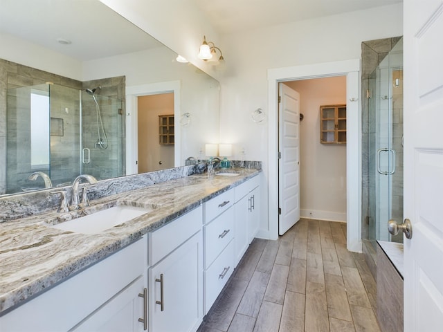 bathroom featuring vanity and a shower with shower door