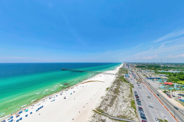 drone / aerial view with a view of the beach and a water view