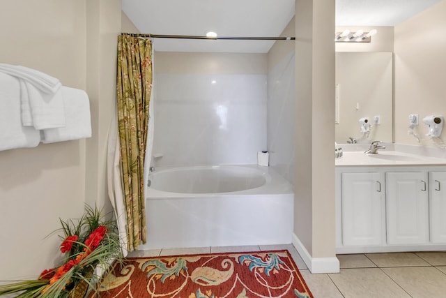 bathroom featuring tile patterned flooring, vanity, and shower / bathtub combination with curtain