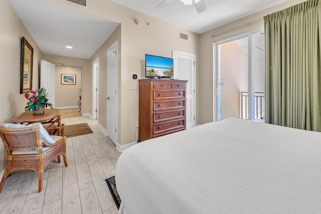 bedroom with ceiling fan, access to exterior, and light hardwood / wood-style flooring