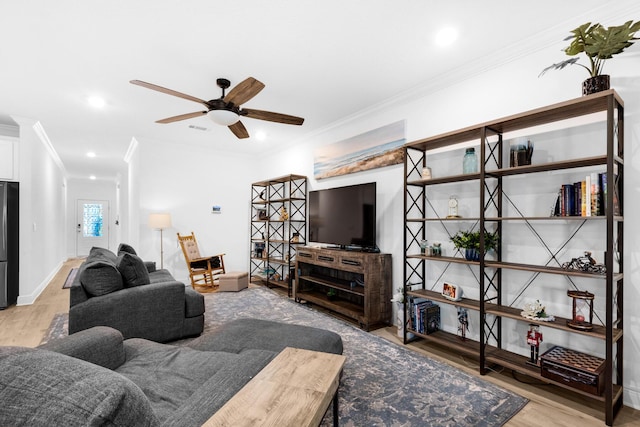 living room with ceiling fan, crown molding, and light hardwood / wood-style flooring