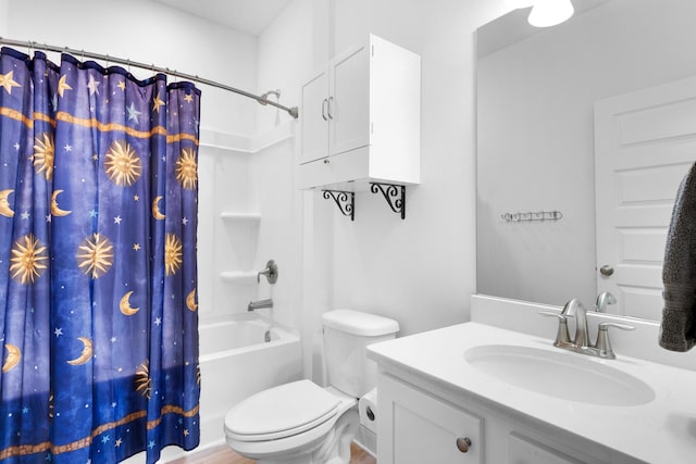 full bathroom with vanity, toilet, and shower / bath combo with shower curtain