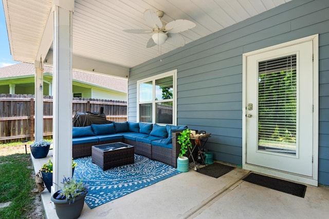 view of patio featuring outdoor lounge area and ceiling fan