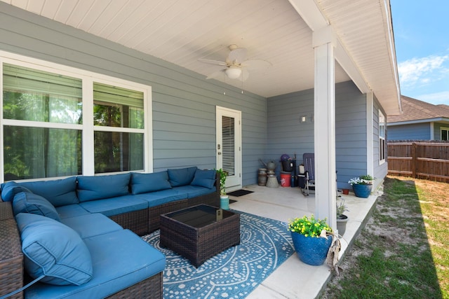 view of patio featuring an outdoor hangout area and ceiling fan