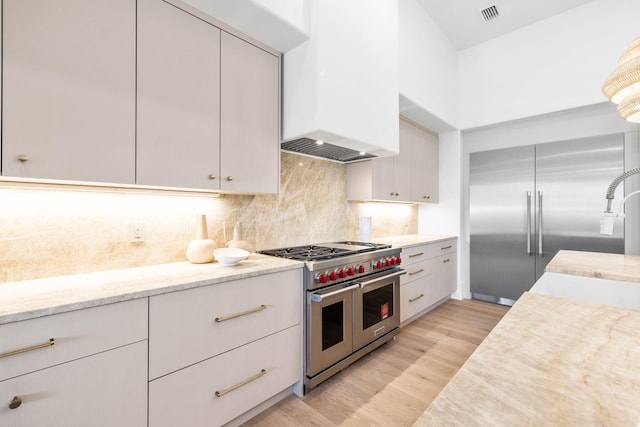 kitchen featuring visible vents, white cabinets, decorative backsplash, light wood-style flooring, and high quality appliances