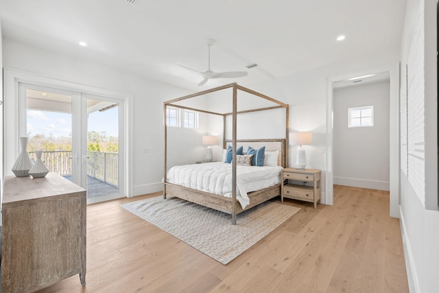 bedroom featuring light wood-style flooring, recessed lighting, baseboards, access to outside, and french doors