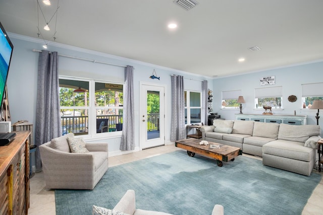 tiled living room featuring ornamental molding