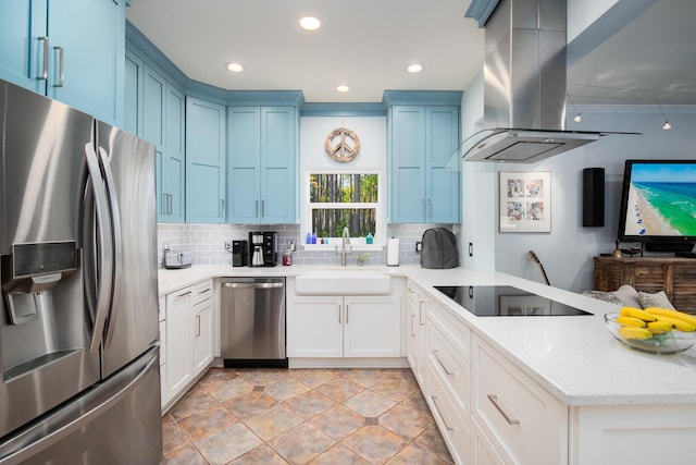 kitchen featuring blue cabinetry, white cabinetry, sink, exhaust hood, and appliances with stainless steel finishes