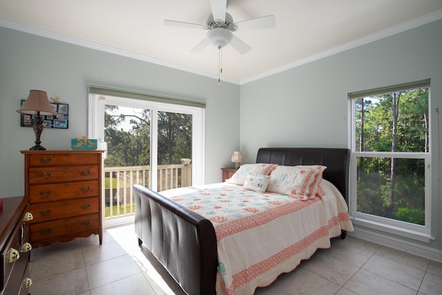 tiled bedroom featuring access to outside, multiple windows, ceiling fan, and crown molding