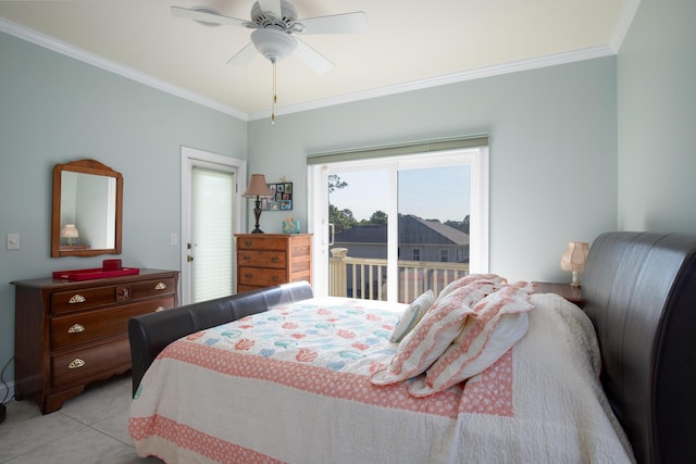 bedroom featuring access to exterior, ceiling fan, and crown molding