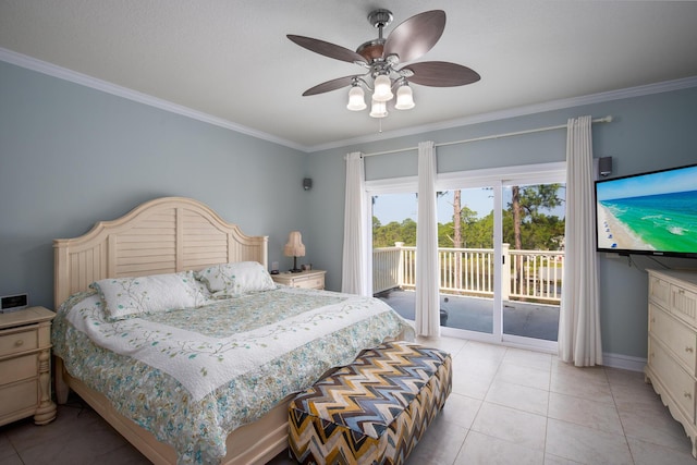 bedroom featuring access to exterior, light tile patterned floors, ceiling fan, and crown molding