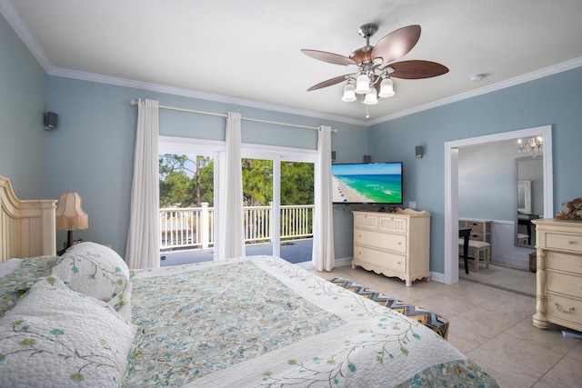 tiled bedroom featuring ceiling fan, access to exterior, and ornamental molding