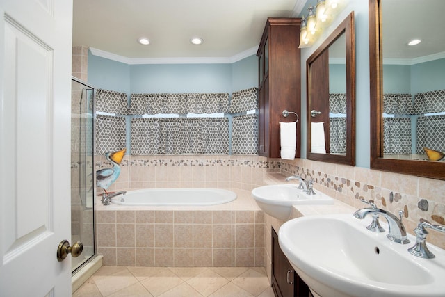 bathroom with decorative backsplash, dual sinks, crown molding, tile patterned flooring, and shower with separate bathtub