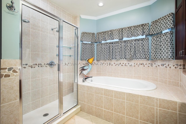 bathroom with separate shower and tub, crown molding, and tile patterned floors