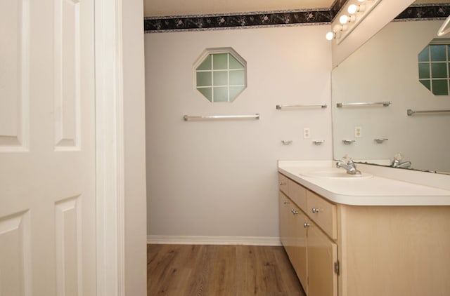 bathroom with hardwood / wood-style flooring and vanity